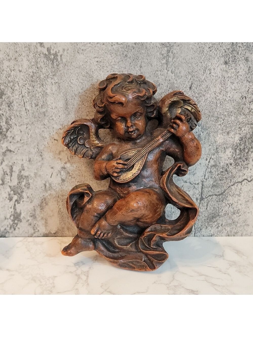 Vintage Large Sculpted Wax Cherub Angel with Wings and Musical Lute Instrument